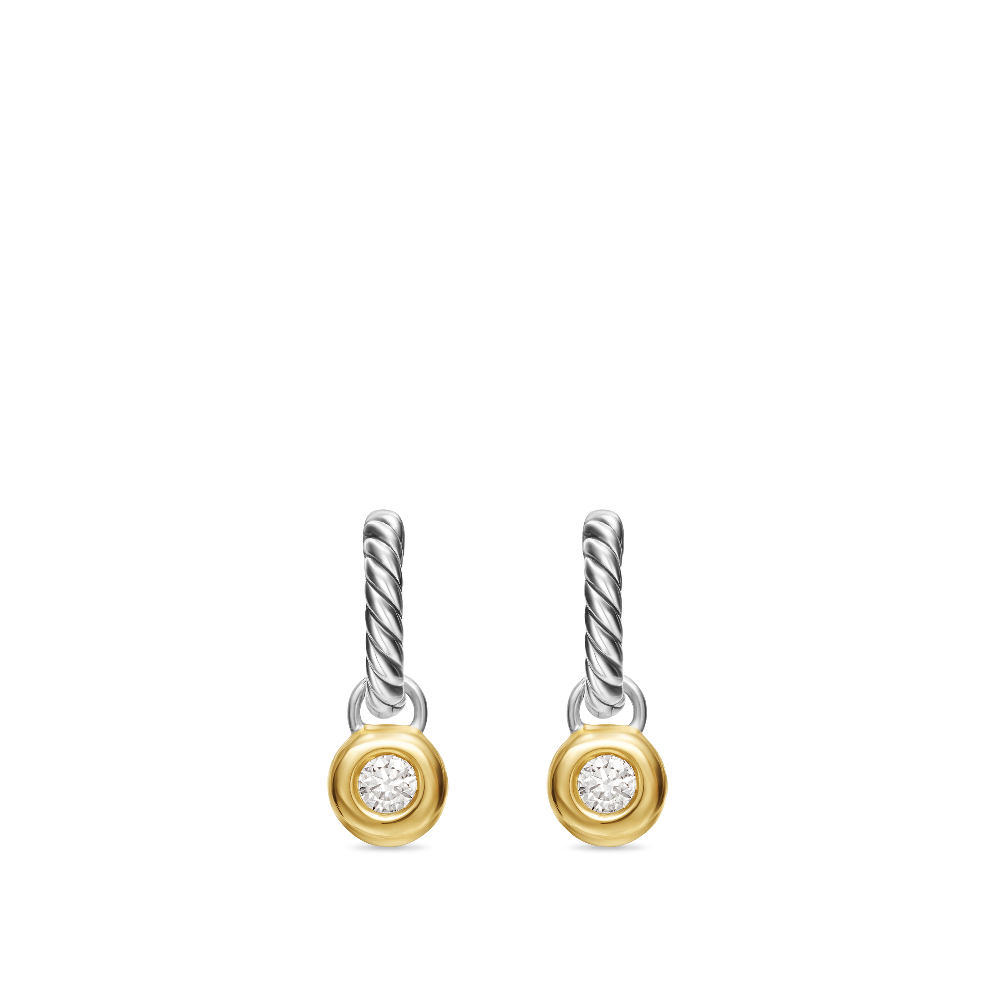 Petite Cable Huggie Drop Earrings in Sterling Silver with 14K Yellow gold and Center Diamond, 17.5mm