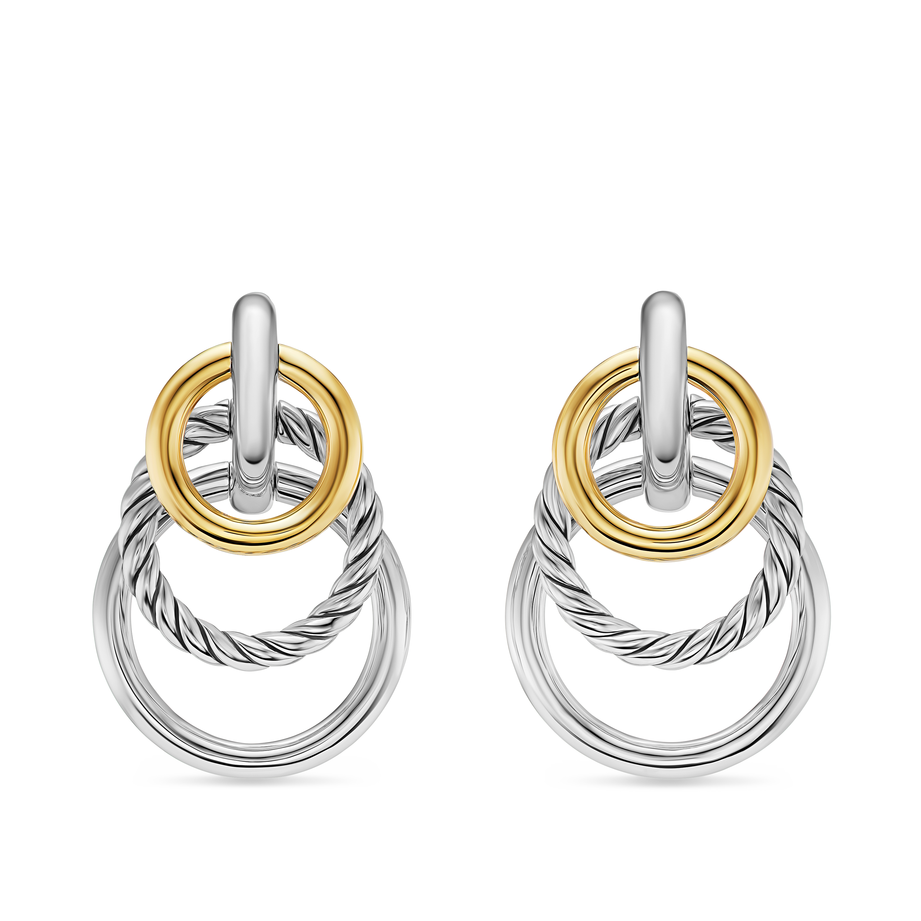 DY Mercer® Triple Ring Drop Earrings in Sterling Silver with 18K Yellow Gold, 35.6mm