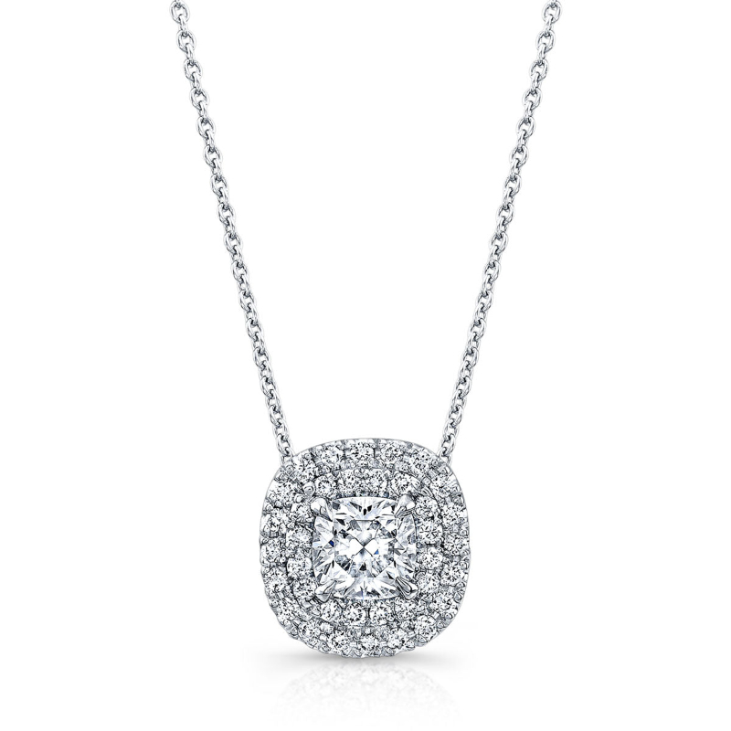 Petite 18k White Gold Cushion Cut Double Halo Pendant