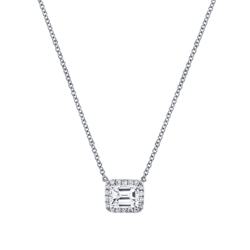 Emerald Cut Diamond Halo Pendant in 18k White Gold