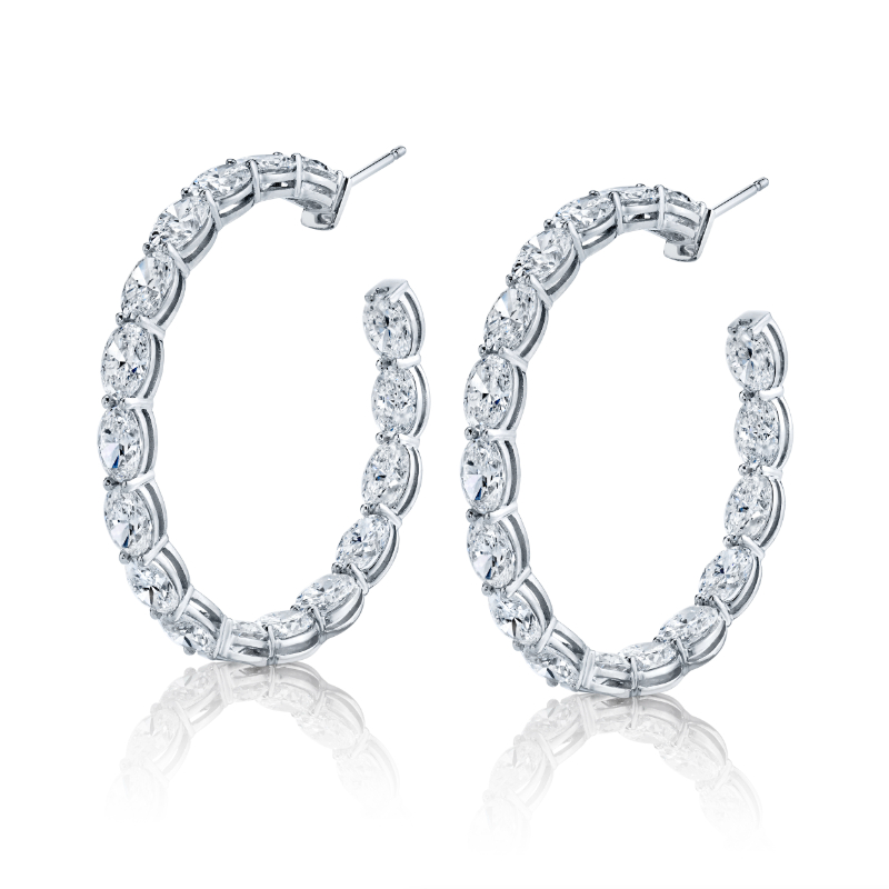 Oval Diamond Hoop Earrings in 18k White Gold