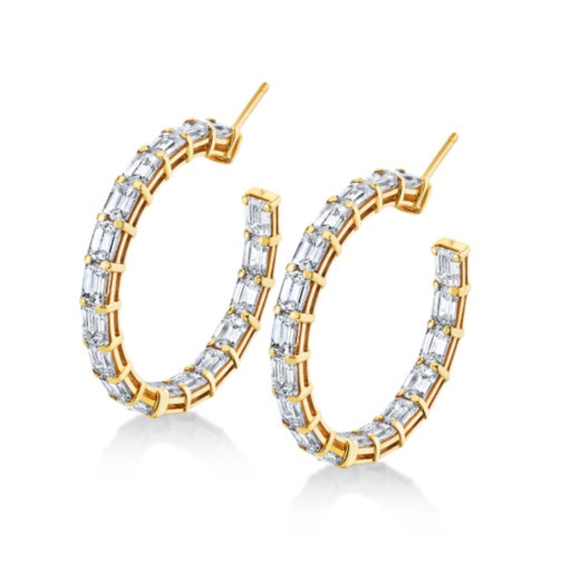 East-West Emerald Cut Diamond Hoop Earrings