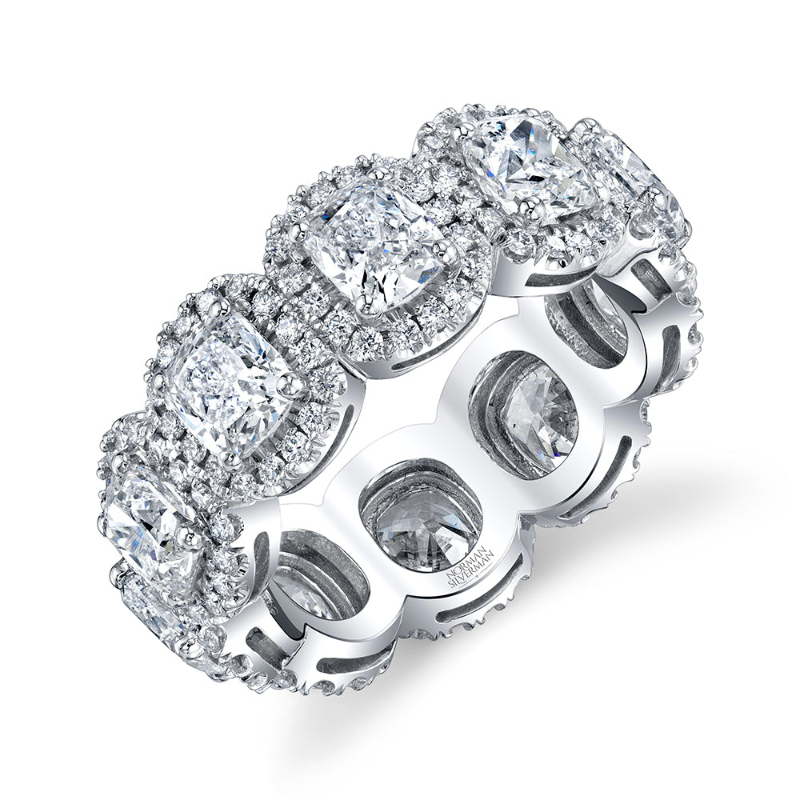 Cushion Cut Eternity Band with Pavé Halo