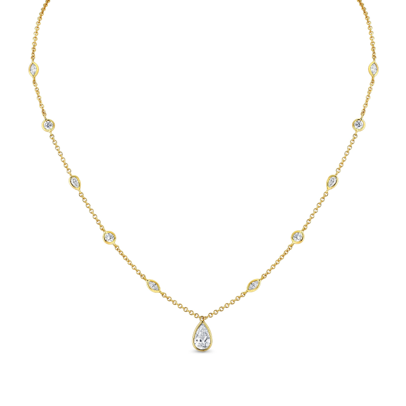 18k Station Necklace with Pear Shape Diamond Pendant