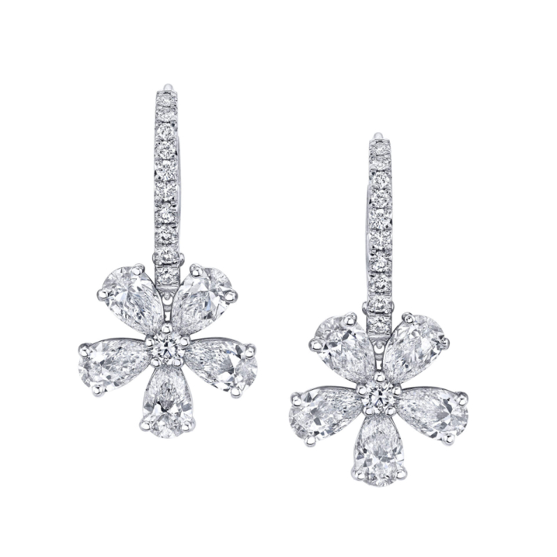 Diamond Floret Drop Earrings in 18k White Gold