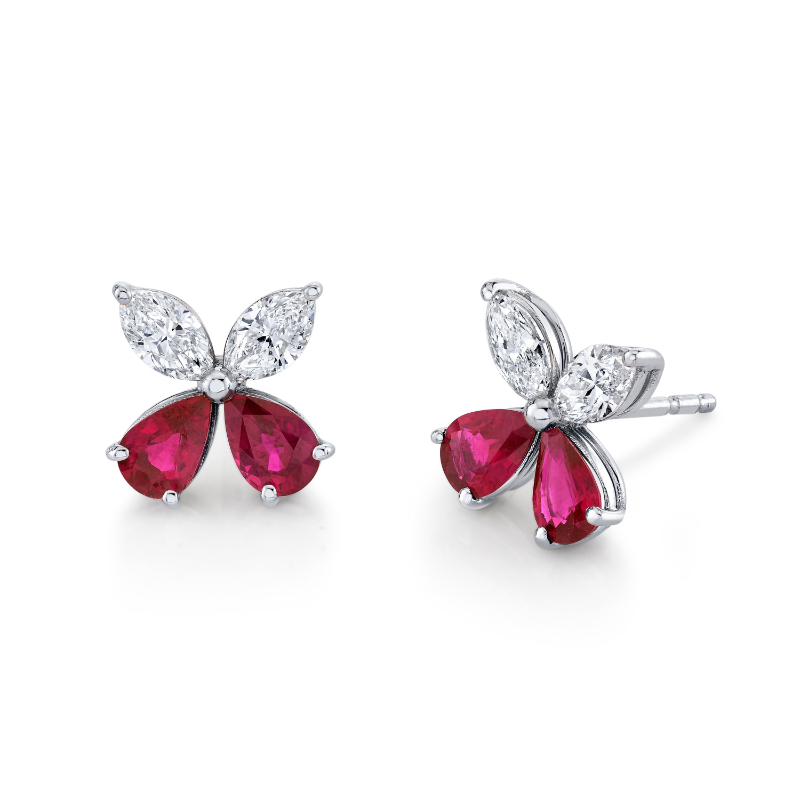 2.52 Carat Diamond and Ruby Floret Studs