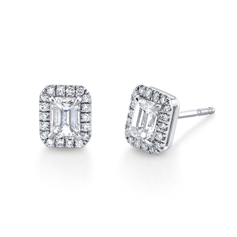 Emerald-cut Diamond Halo Studs