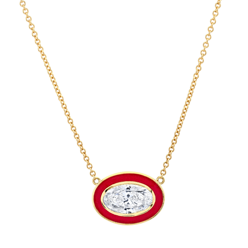 Oval-cut Diamond in Red Enamel Pendant