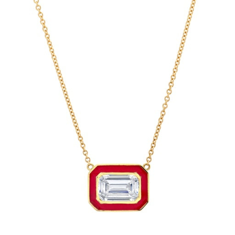 Emerald-cut Diamond in Red Enamel Pendant