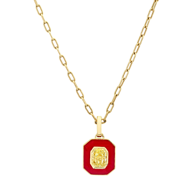 Fancy Yellow Radiant-cut Diamond in Red Enamel Pendant