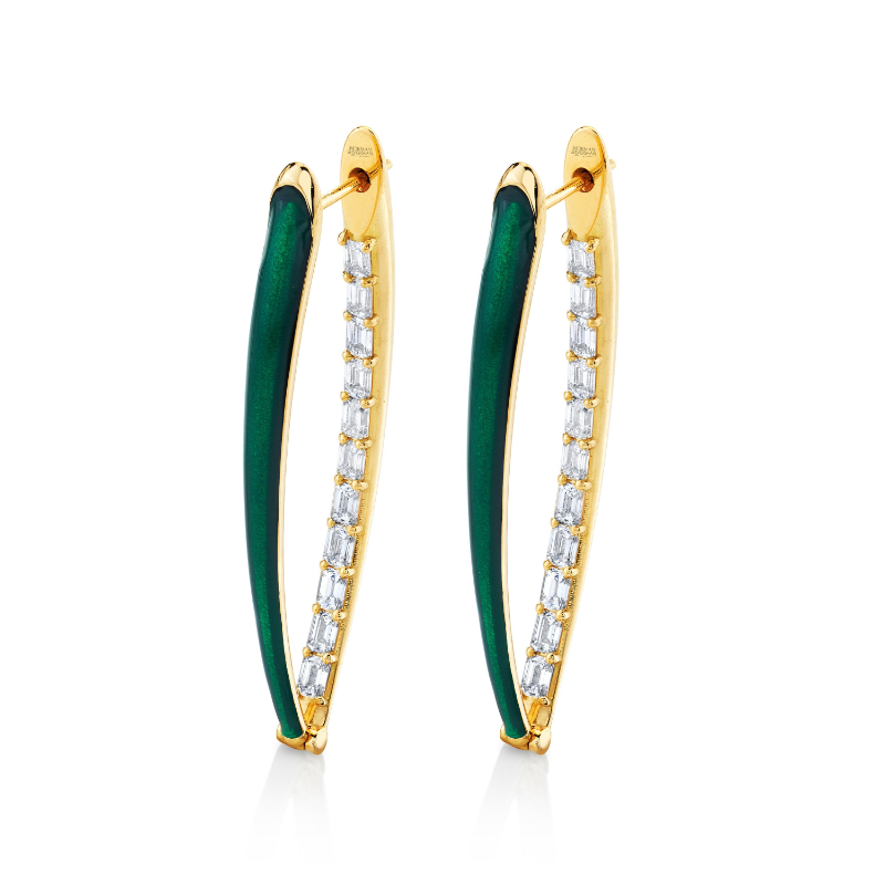 Emerald Cut Diamonds and Green Enamel Earrings