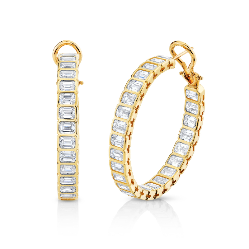 Bezel Set Emerald-Cut Diamond Hoop Earrings