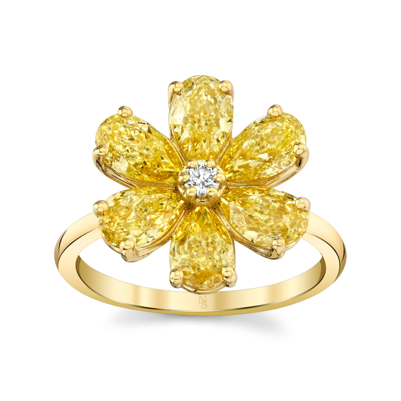 Fancy Vivid Yellow Pear Shape Flower Ring