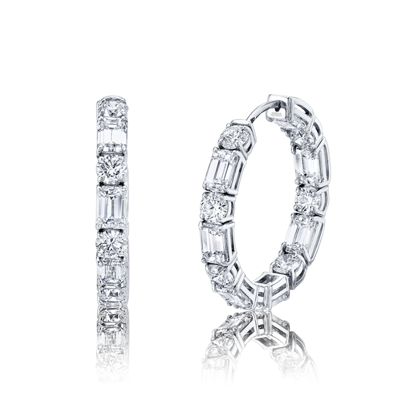 East West Mixed Shape - Emerald Cut and Round Brilliant Hoop Earrings