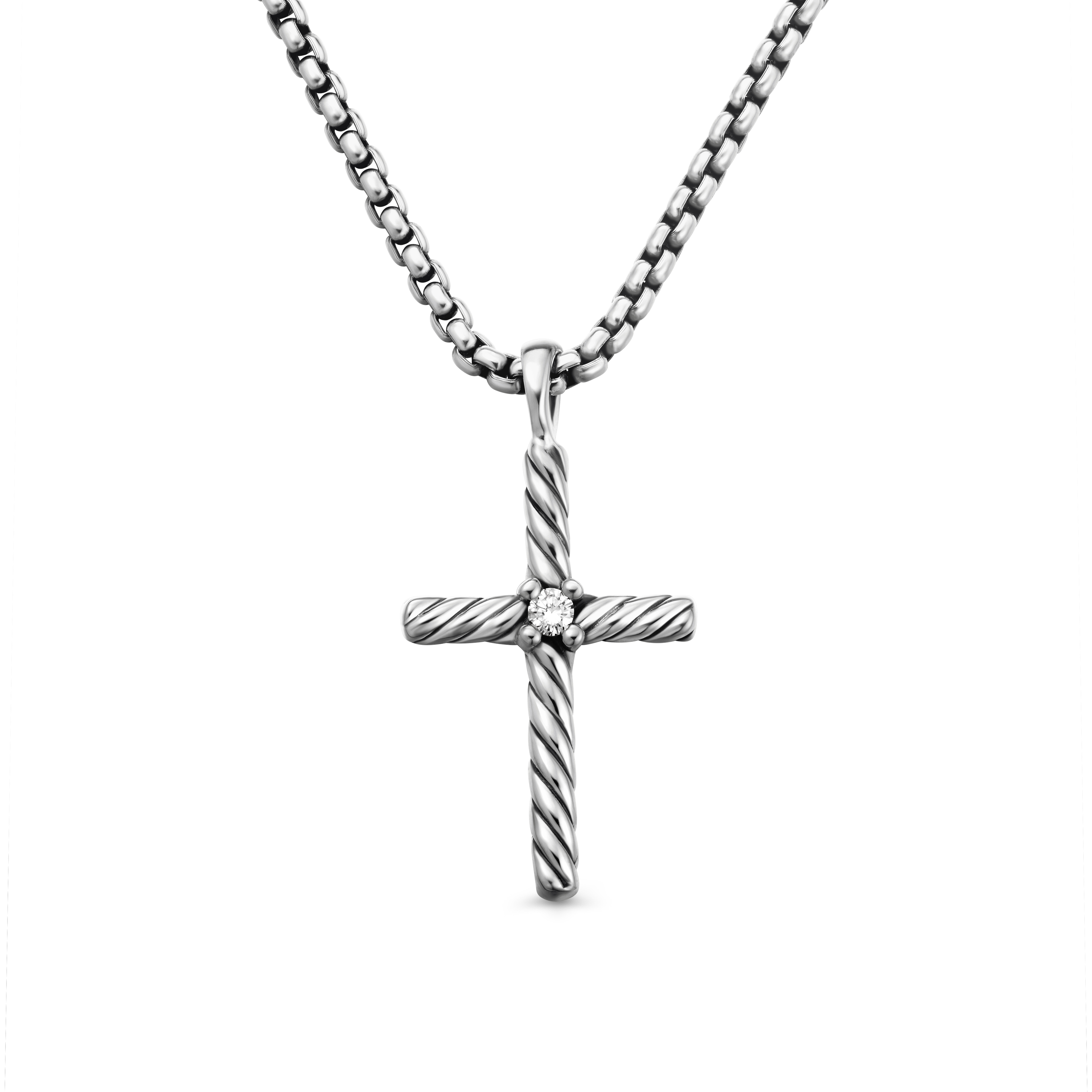 Classic Cable Cross Necklace in Sterling Silver with Center Diamond, 24.3mm