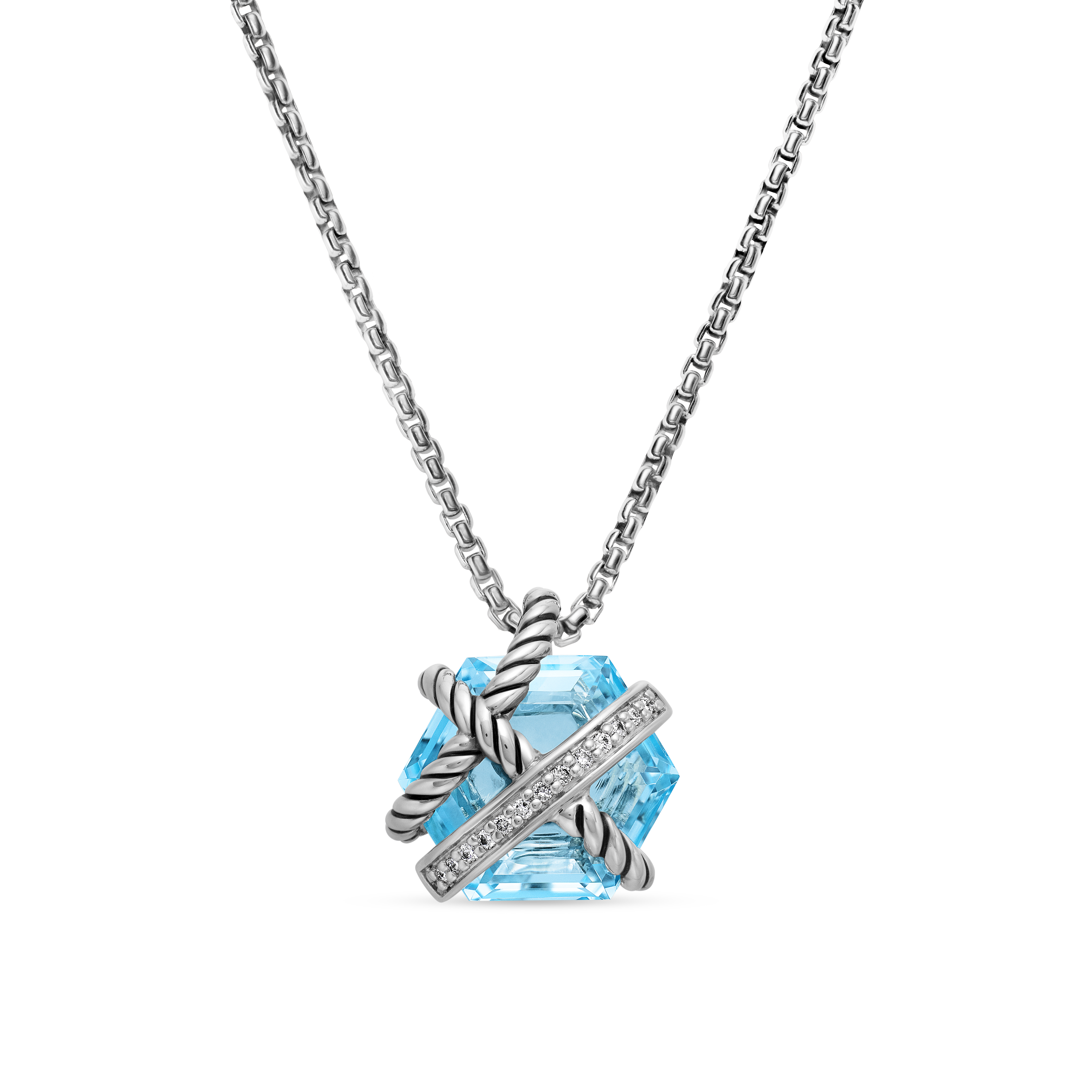 Cable Wrap Necklace in Sterling Silver with Blue Topaz and Diamonds, 12.5mm