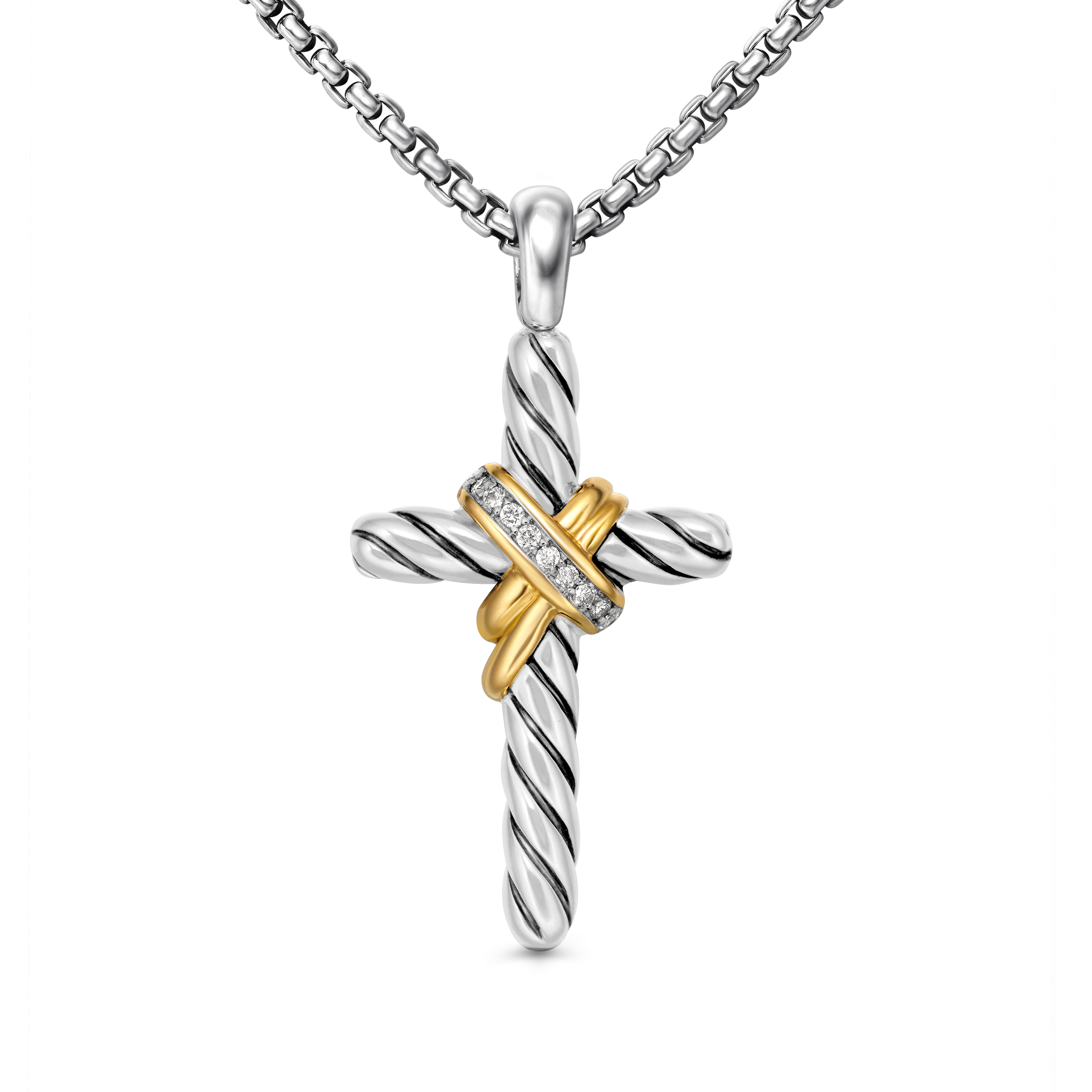 X Cross Necklace in Sterling Silver with 14K Yellow Gold and Pave Diamonds