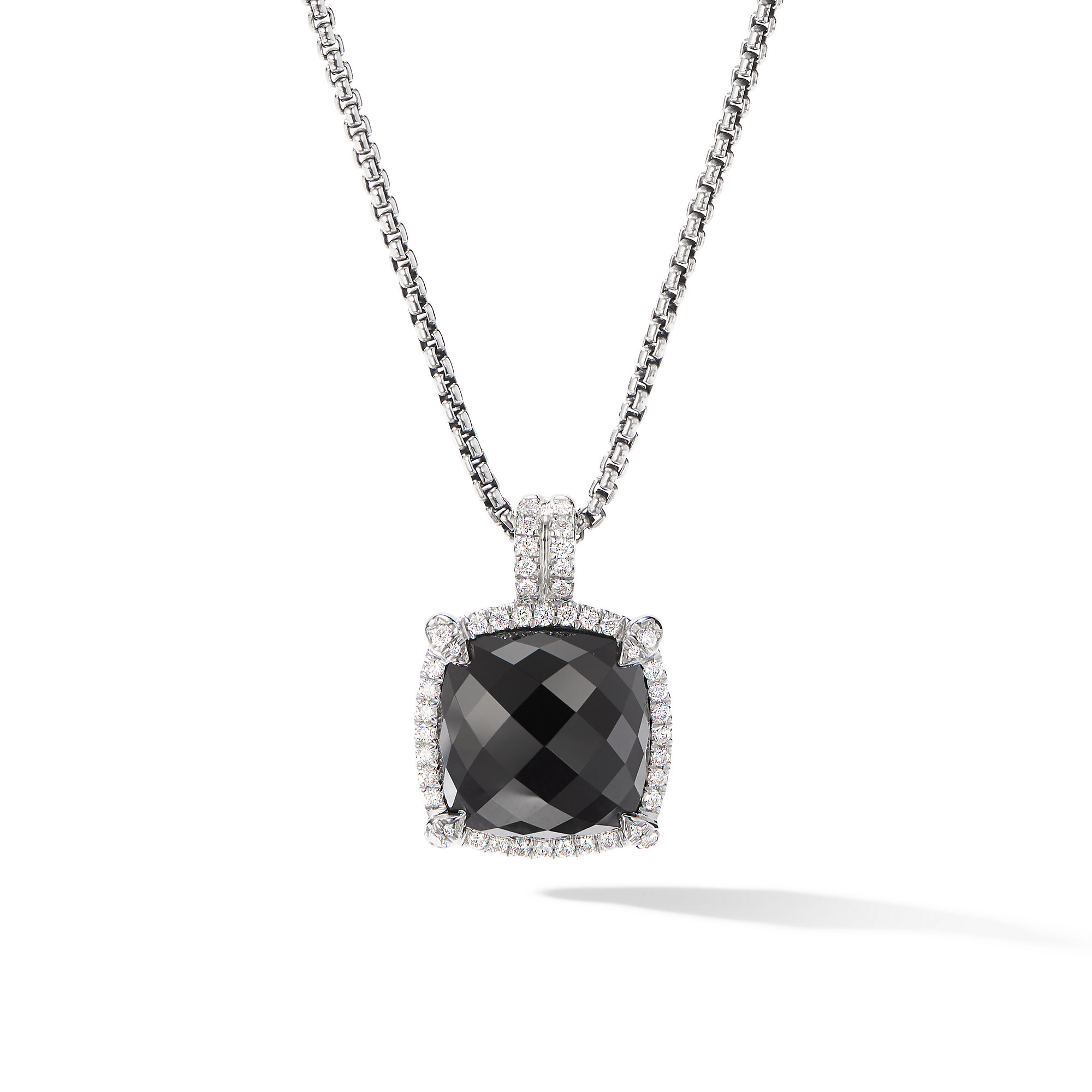 Chatelaine® Pave Bezel Pendant Necklace in Sterling Silver with Black Onyx and Diamonds