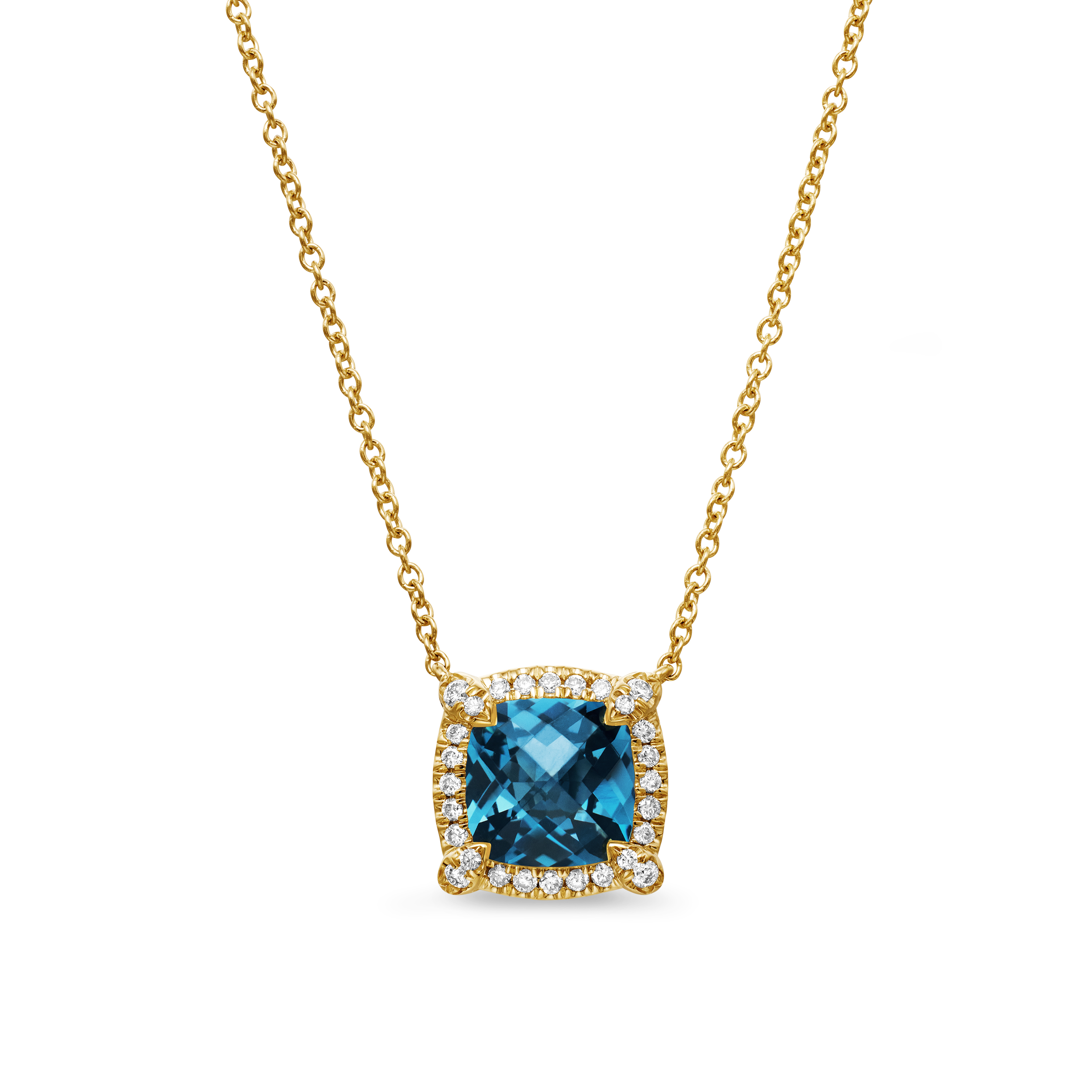 Petite Chatelaine® Pave Bezel Pendant Necklace in 18K Yellow Gold with Hampton Blue Topaz and Diamonds