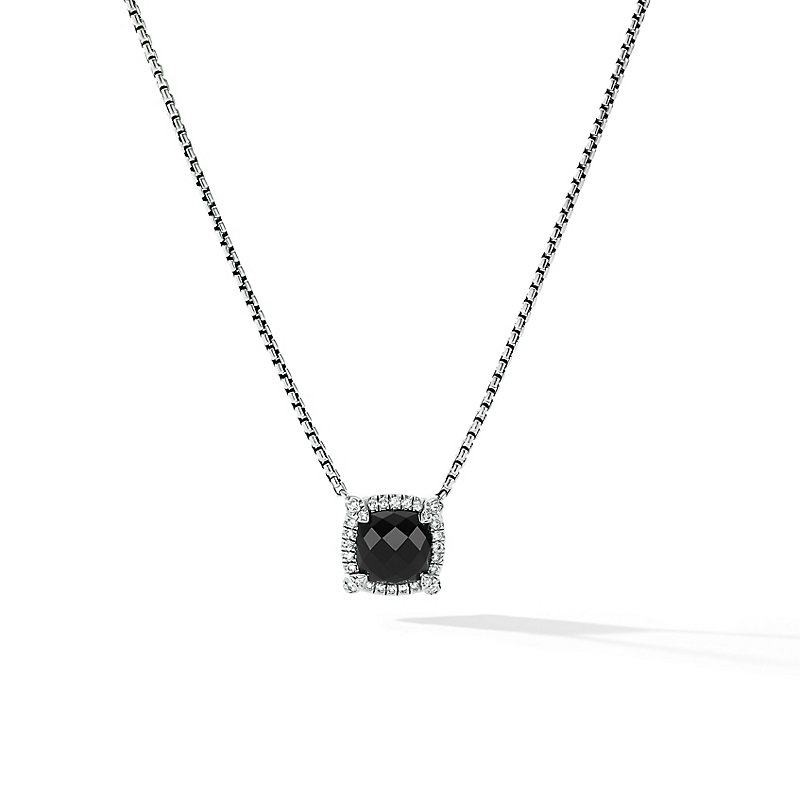 Petite Chatelaine® Pavé Bezel Pendant Necklace in Sterling Silver with Black Onyx and Diamonds, 7mm