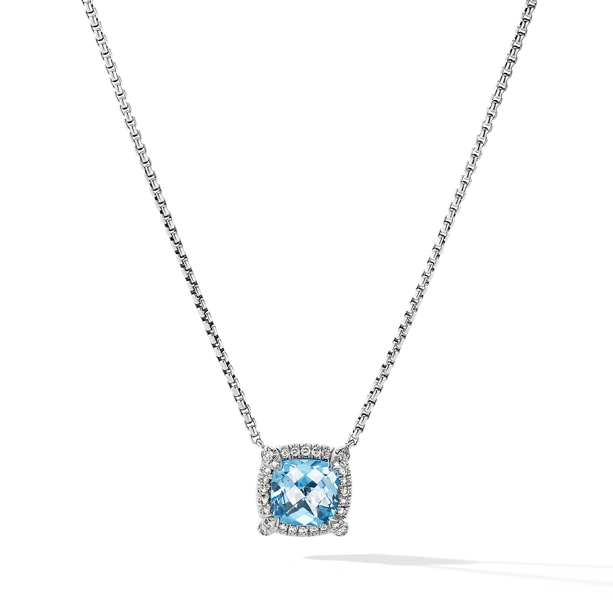 Petite Chatelaine® Pave Bezel Pendant Necklace in Sterling Silver with Blue Topaz and Diamonds