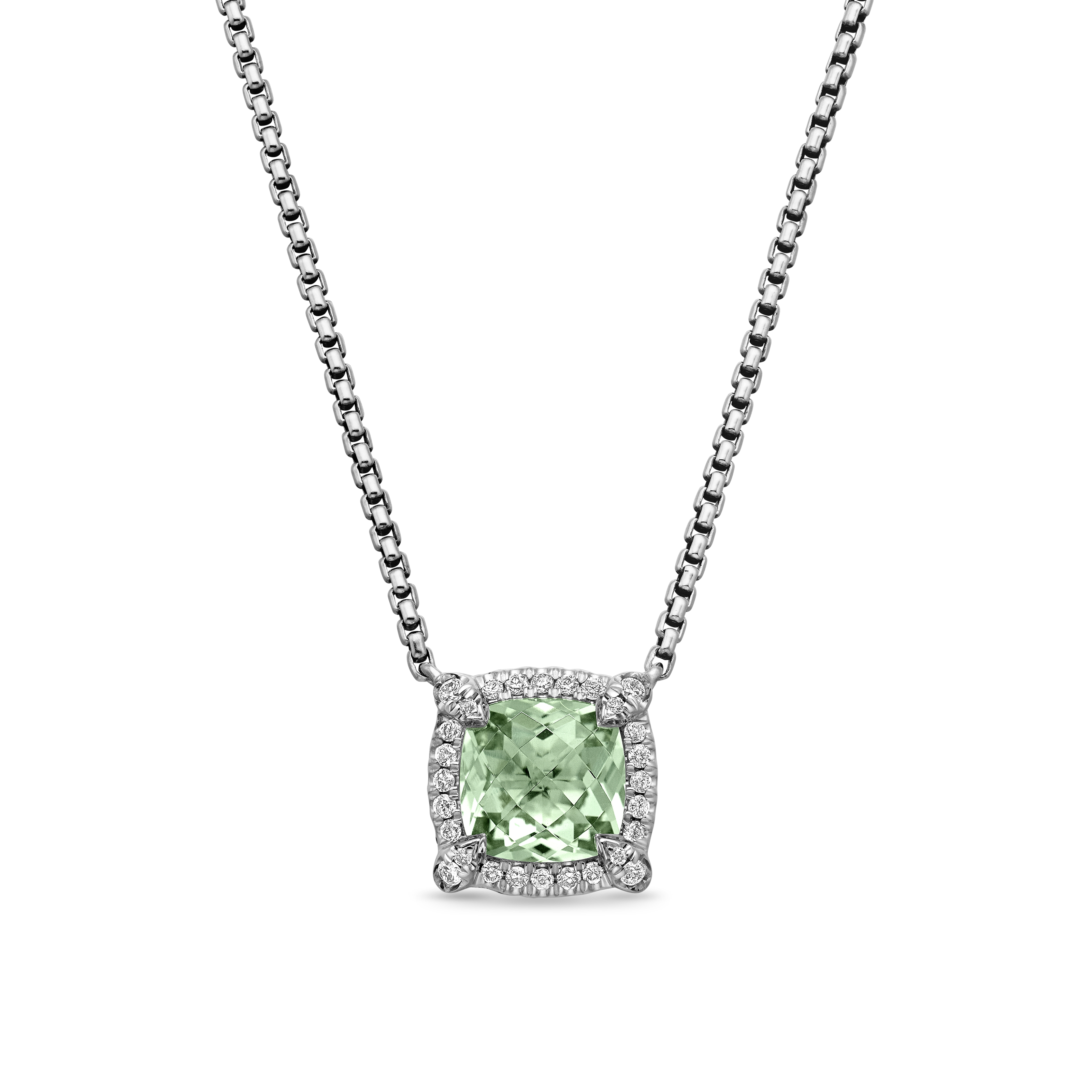 Petite Chatelaine® Pave Bezel Pendant Necklace in Sterling Silver with Prasiolite and Diamonds