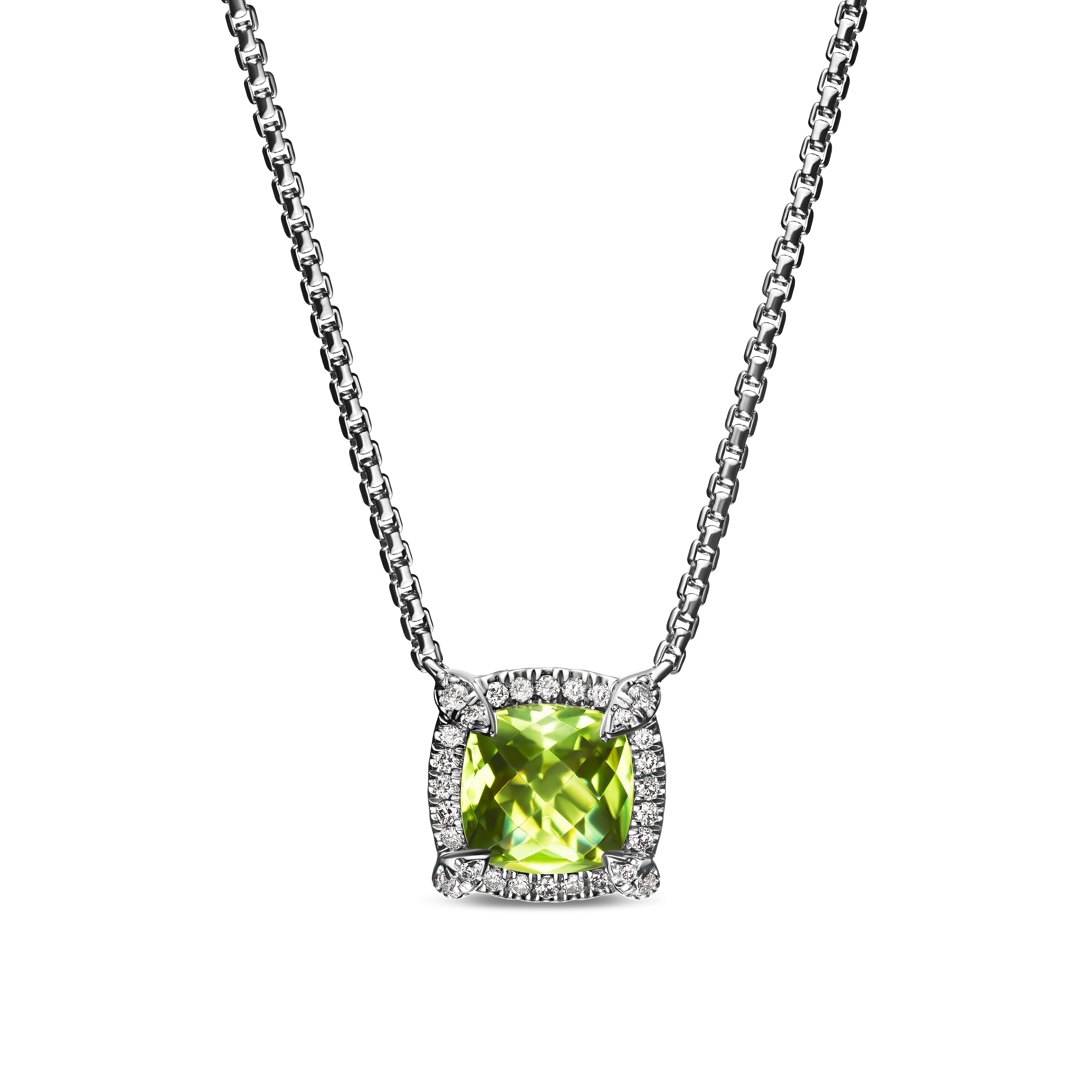 Petite Chatelaine® Pavé Bezel Pendant Necklace in Sterling Silver with Peridot and Diamonds, 7mm