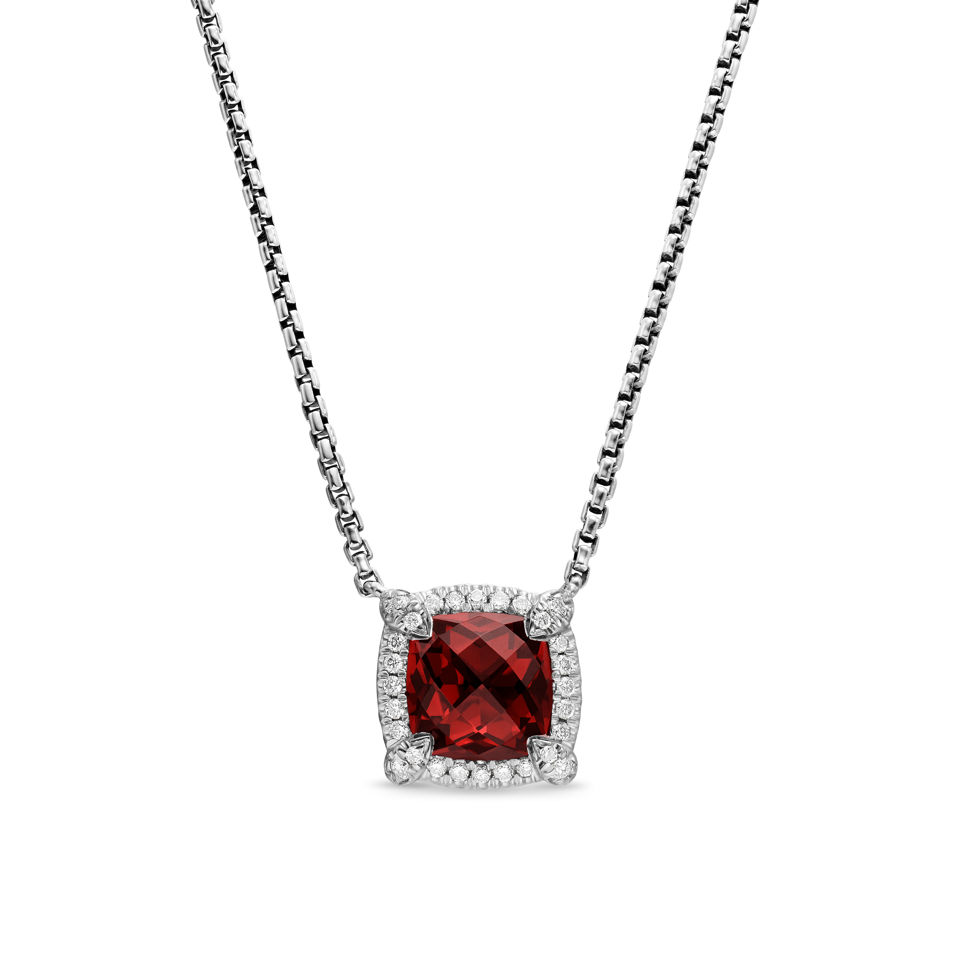 Petite Chatelaine® Pavé Bezel Pendant Necklace in Sterling Silver with Rhodolite Garnet and Diamonds, 7mm