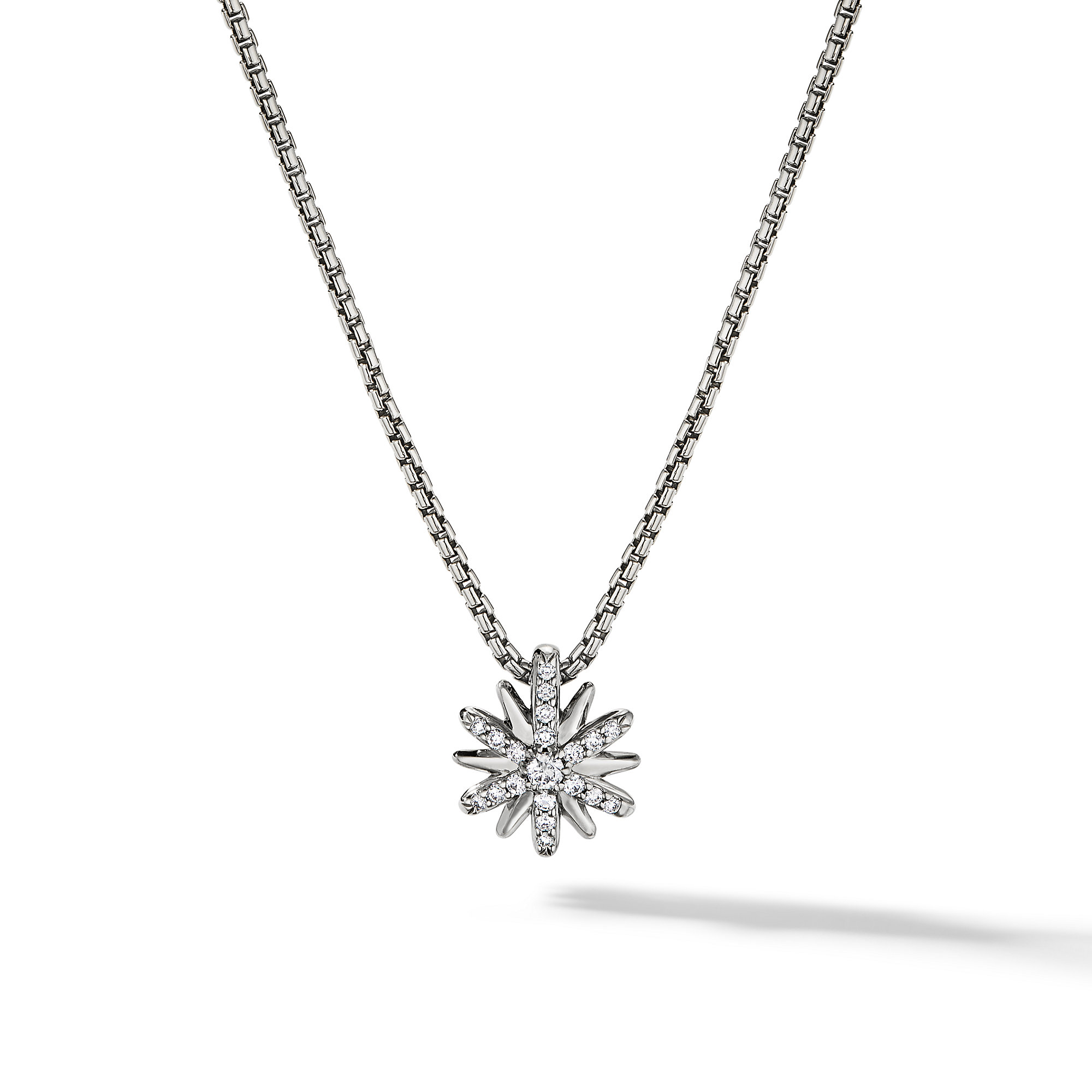 Petite Starburst Pendant Necklace in Sterling Silver with Pave Diamonds