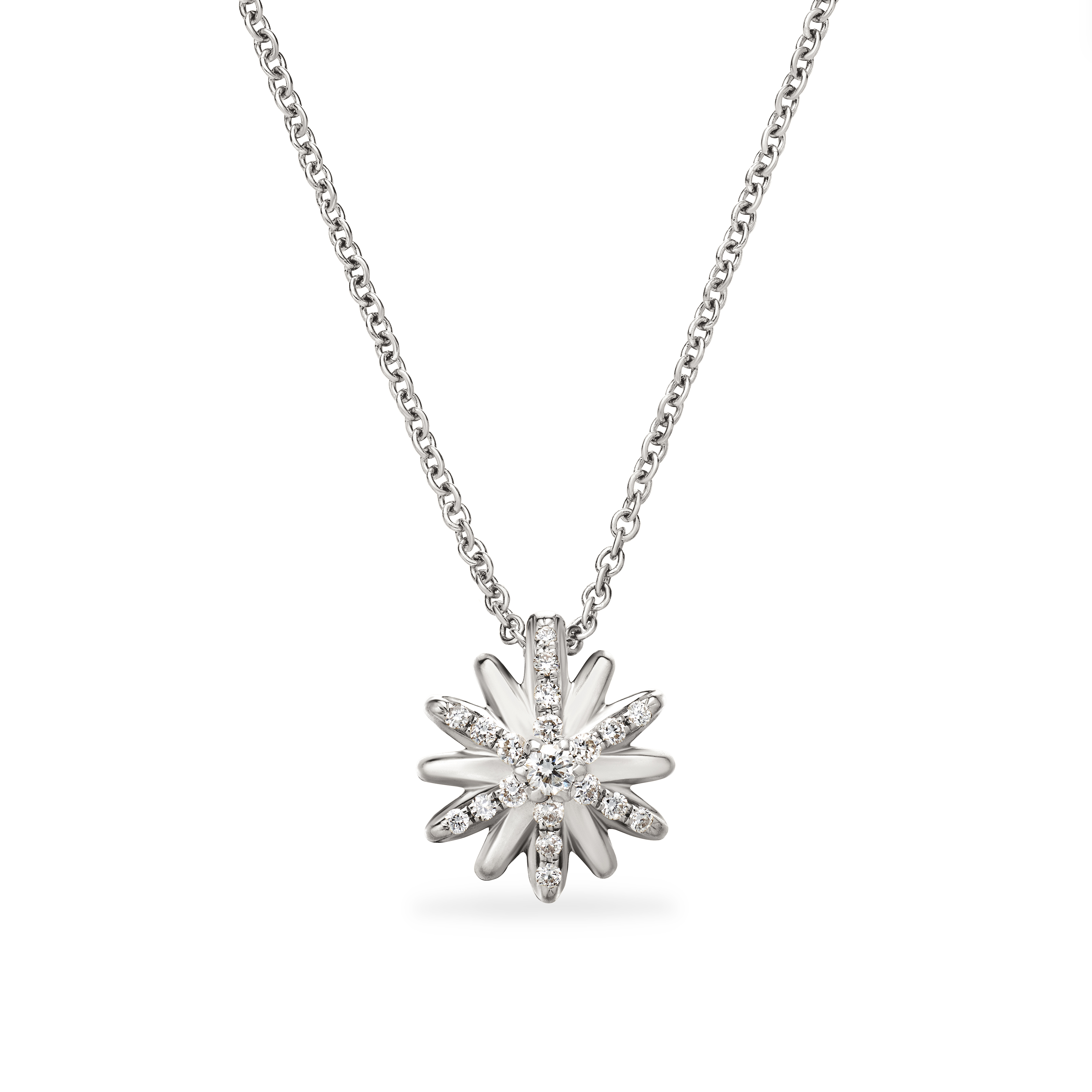 Petite Starburst Pendant Necklace in Sterling Silver with Pave Diamonds