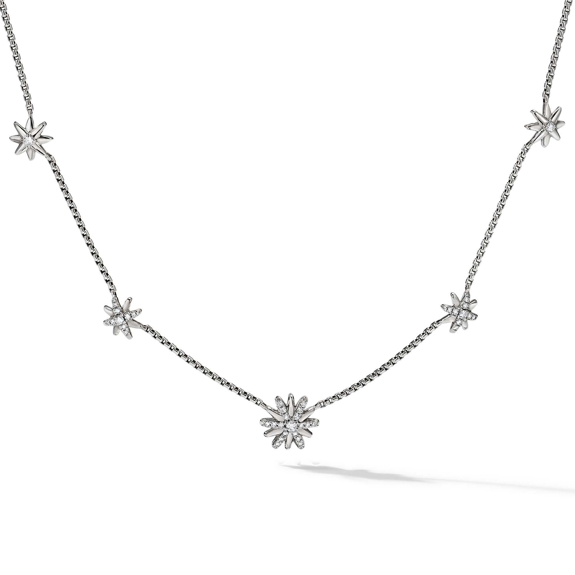 Starburst Station Chain Necklace in Sterling Silver with Pave Diamonds