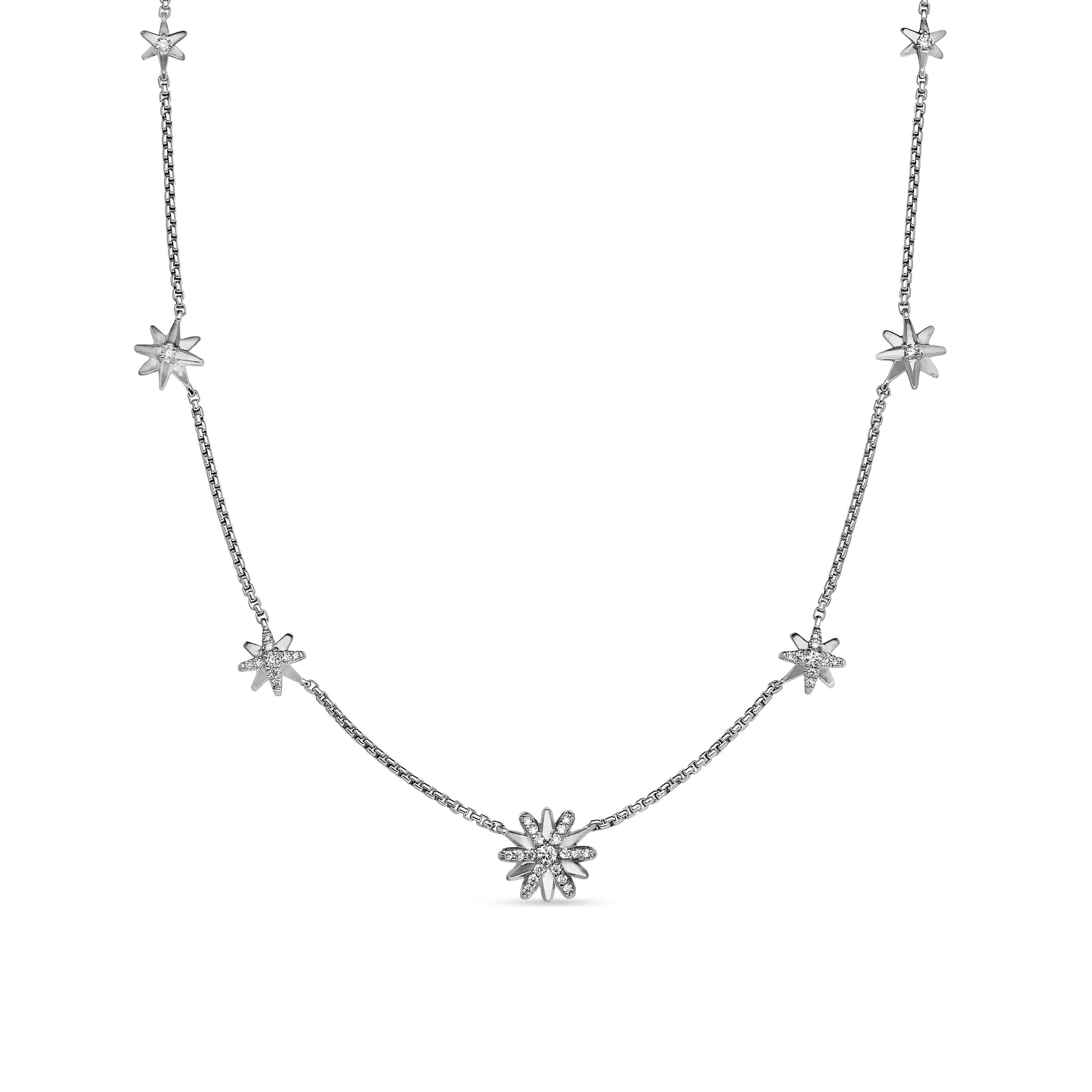 Starburst Station Chain Necklace in Sterling Silver with Diamonds, 9.5mm