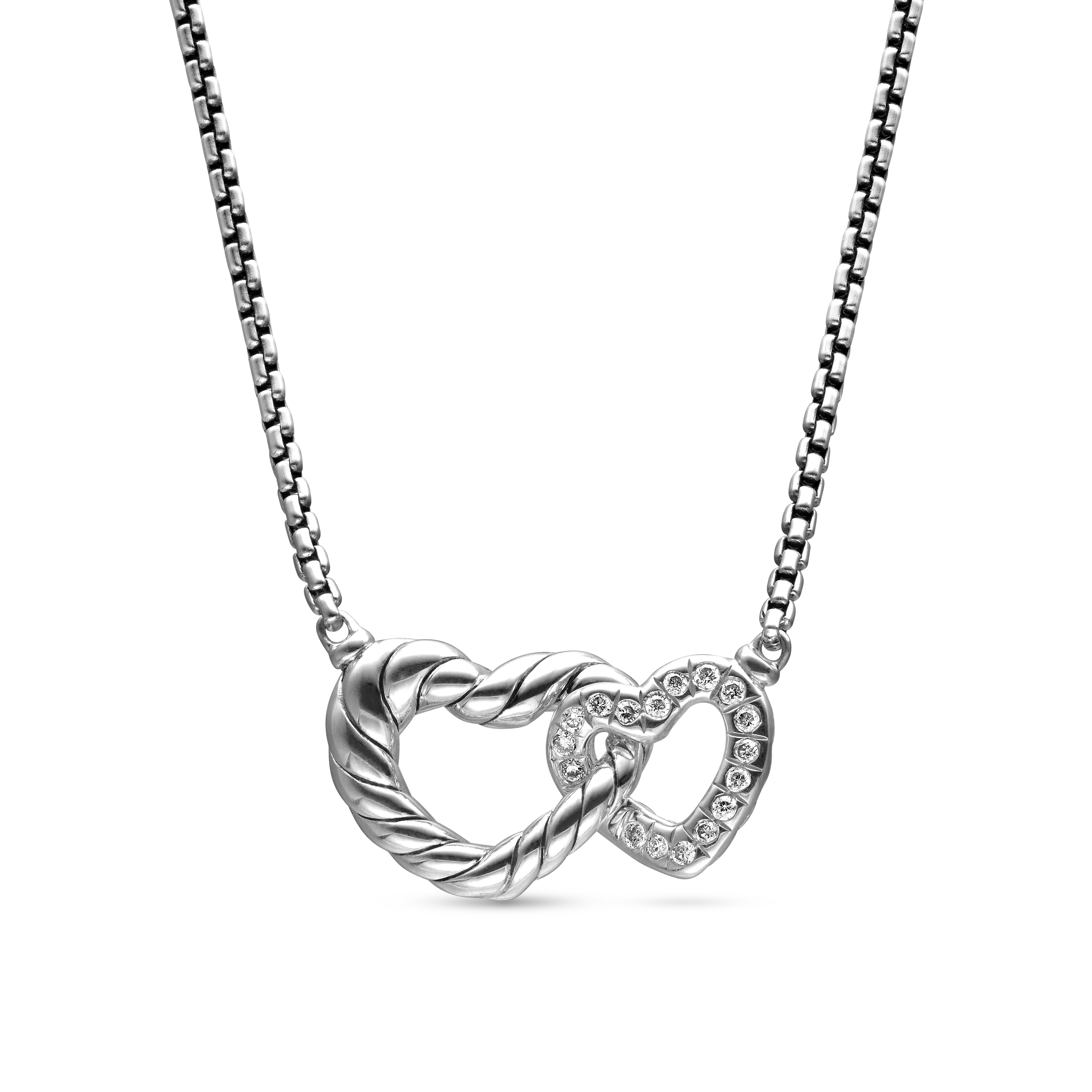 Cable Collectibles® Interlocking Heart Necklace in Sterling Silver with Diamonds, 16.4mm