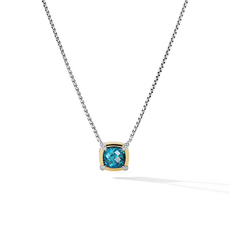 Petite Chatelaine® Pendant Necklace in Sterling Silver with Hampton Blue Topaz, 18K Yellow Gold and Pave Diamonds