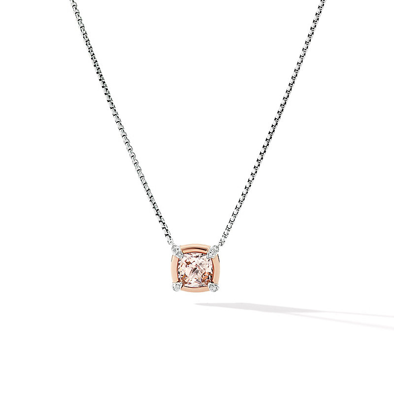 Petite Chatelaine® Pendant Necklace in Sterling Silver with Morganite, 18K Rose Gold and Pave Diamonds