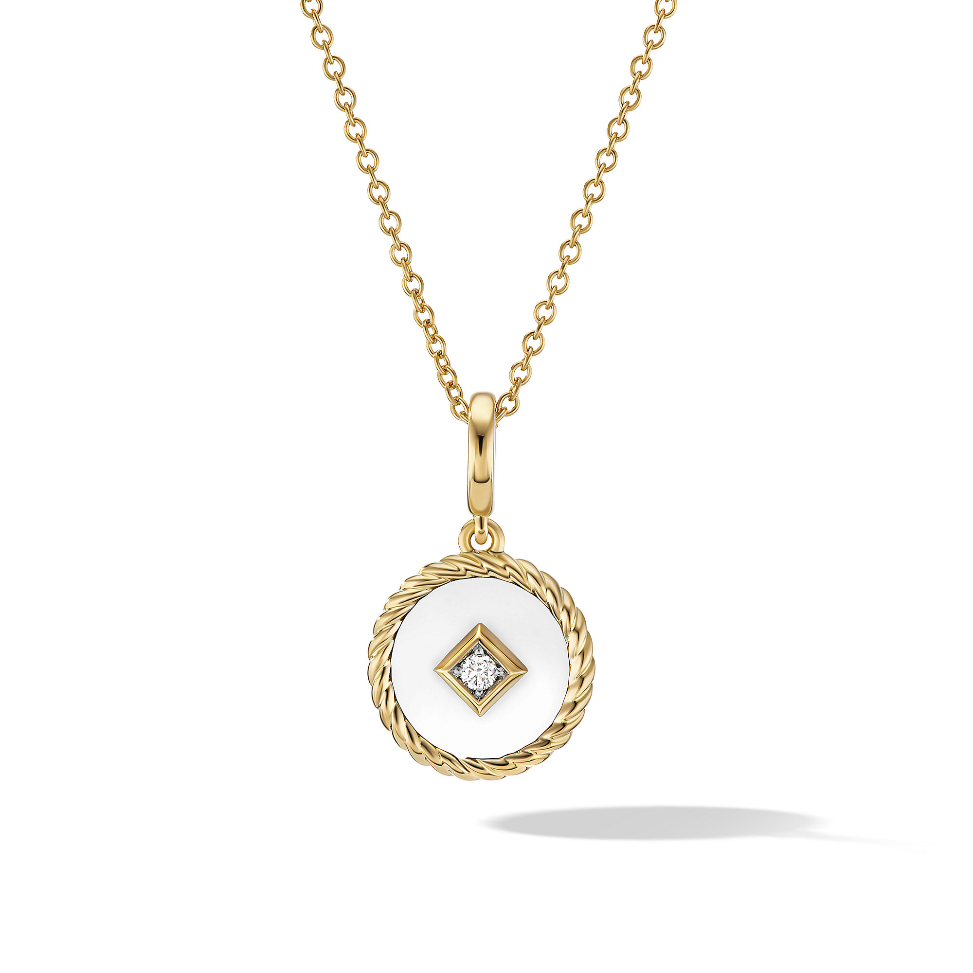 Cable Collectibles® White Enamel Charm Necklace in 18K Yellow Gold with Center Diamond