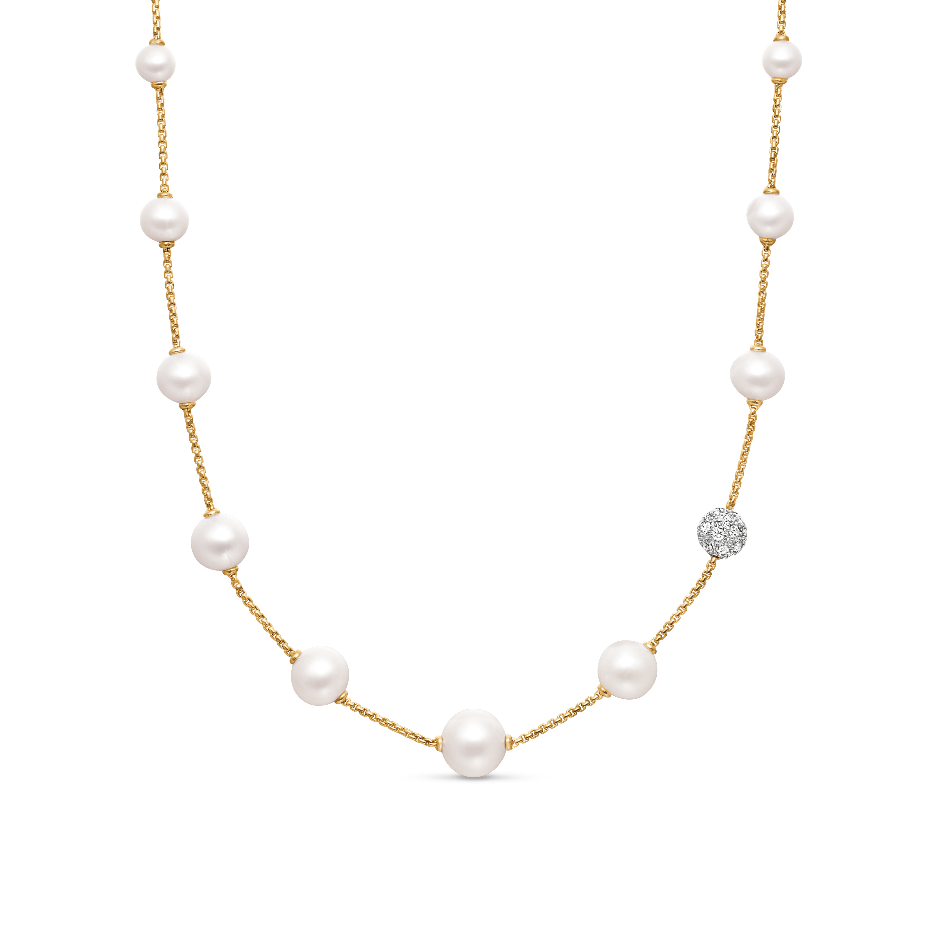 Pearl and Pavé Station Necklace in 18K Yellow Gold with Pearls and Diamonds