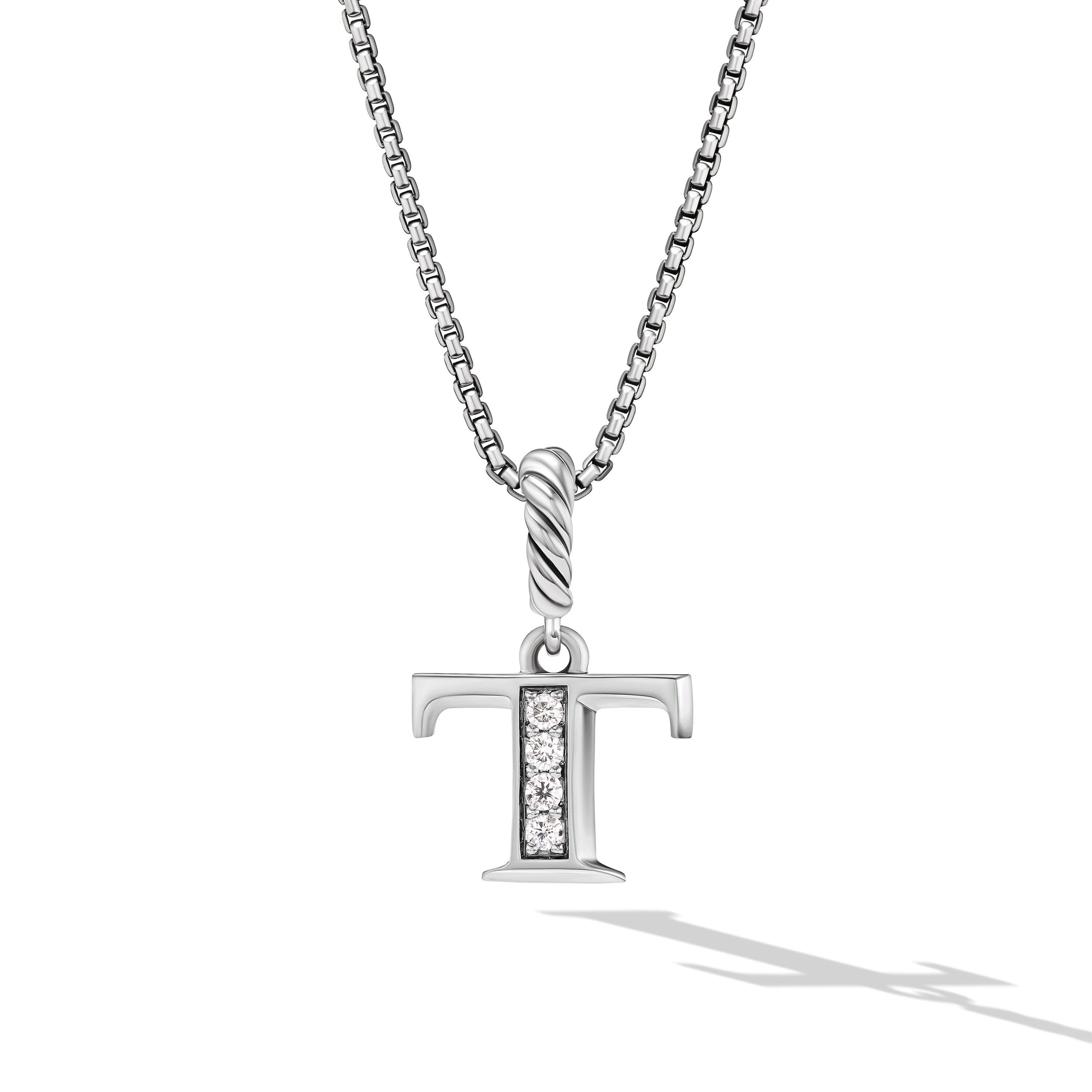 Pavé Initial Pendant Necklace in Sterling Silver with Diamond T
