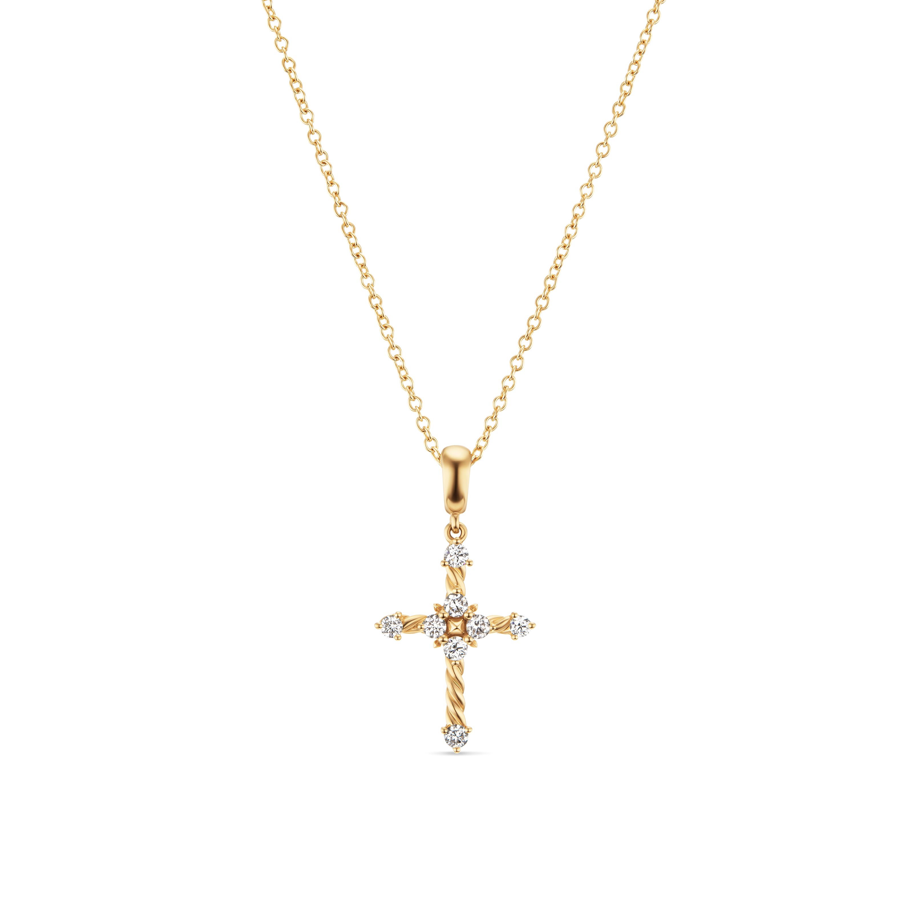 Petite Modern Renaissance Cross Pendant Necklace in 18K Yellow Gold with Diamonds, 22.1mm