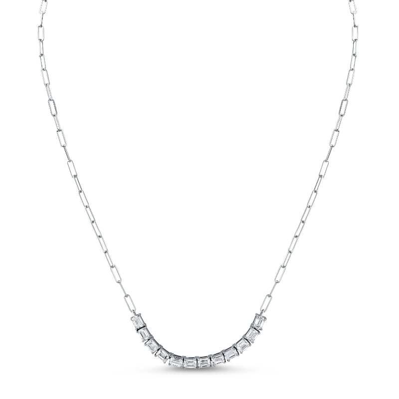 Floating East West Emerald Cut diamond Pendant on Paperclip Chain