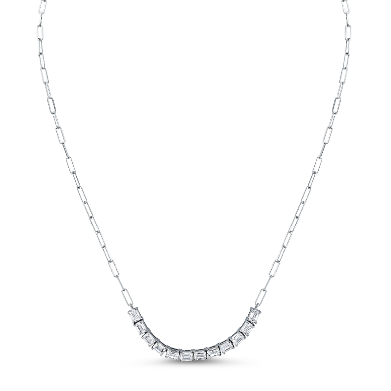 Floating East West Emerald Cut diamond Pendant on Paperclip Chain