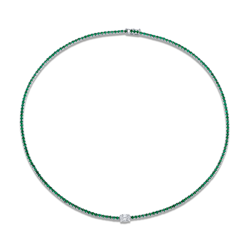 5.49 Carat 18k White Gold Green Emerald Oval Center Stone Necklace