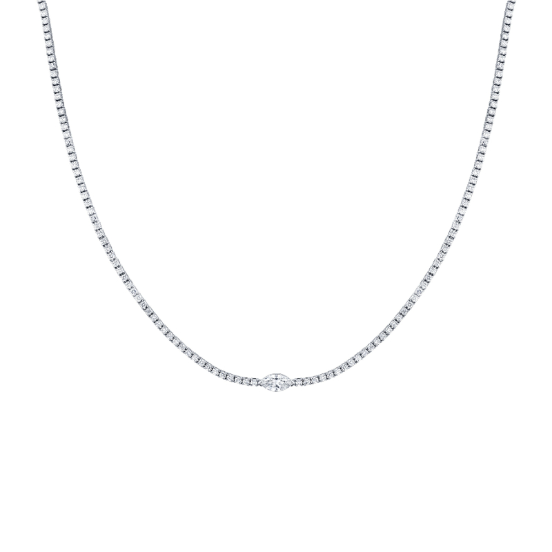 Straight Line Round Brilliant tennis Necklace with Marquise Shape Accent Stone