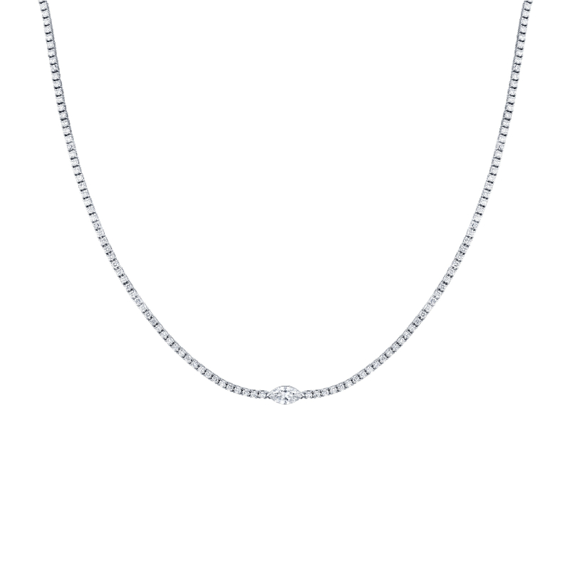 Straight Line Round Brilliant tennis Necklace with Marquise Shape Accent Stone