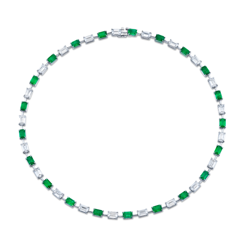 Green Emeralds and Emerald-cut Diamond Necklace