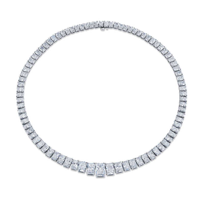 48.59 Carat Graduated Riviera Radiant Cut Diamond Necklace