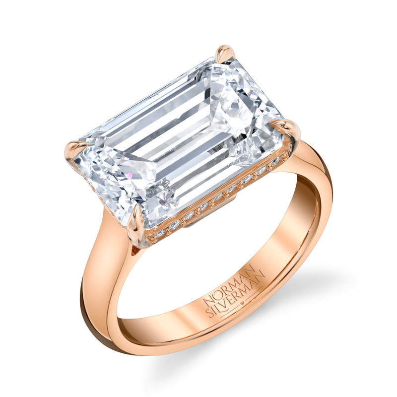 East West Diamond Ring with Emerald Cut Center and Hidden Halo