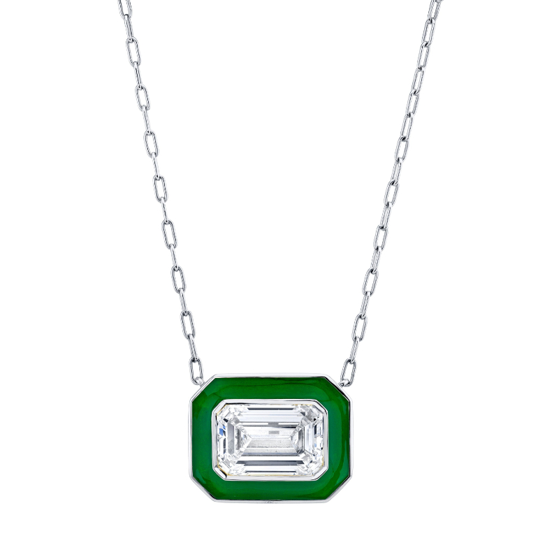 Emerald-cut Diamond Set in Green Enamel and White Gold