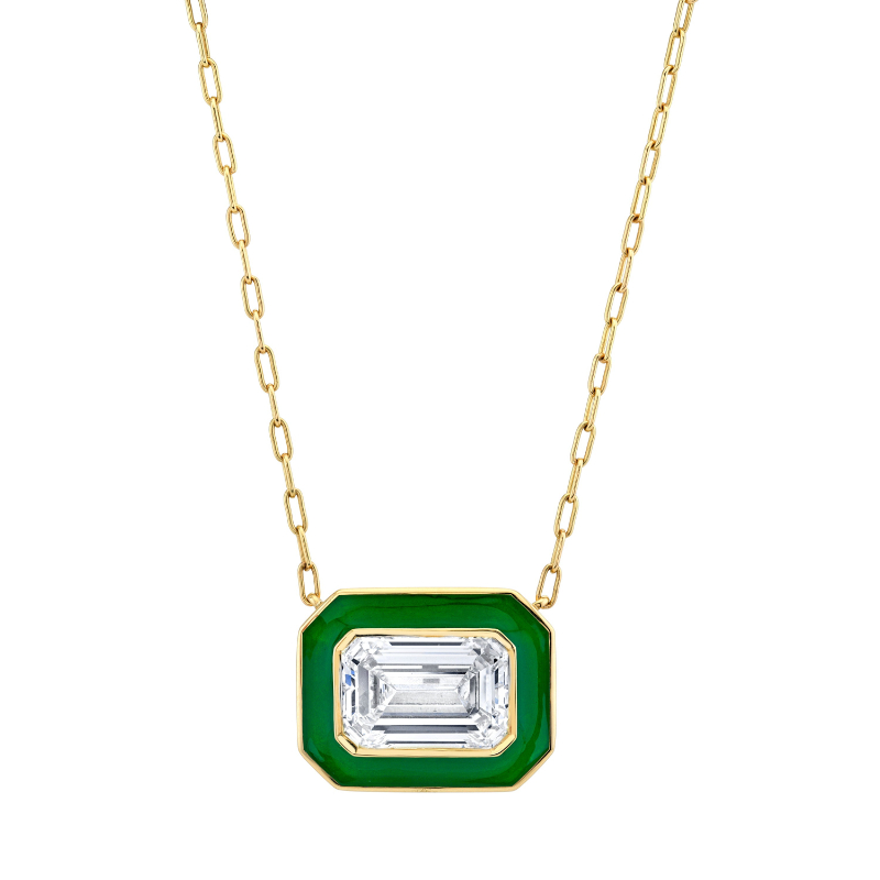 Emerald-cut Diamond Set in Green Enamel and Yellow Gold