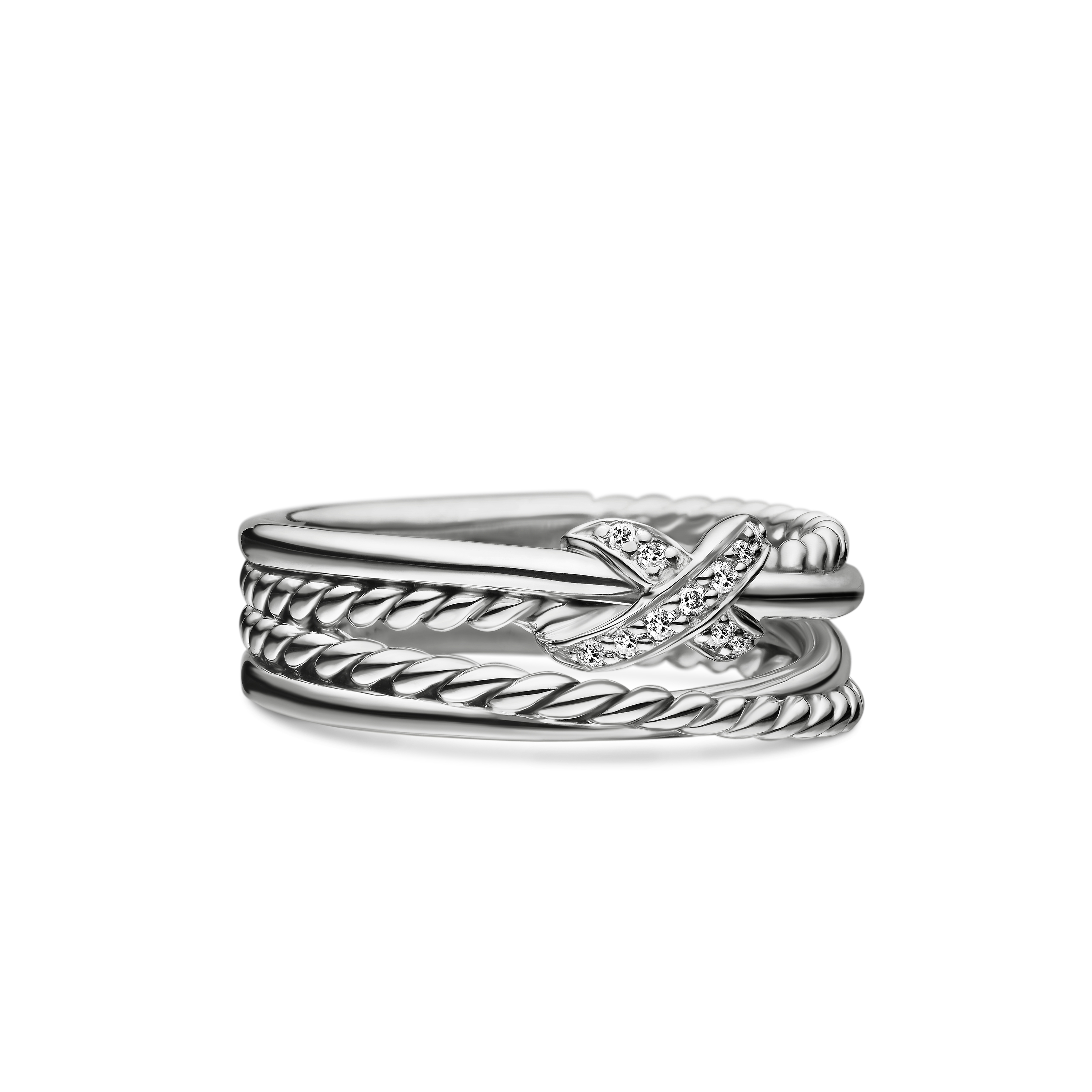 X Crossover Band Ring in Sterling Silver with Diamonds, 6mm